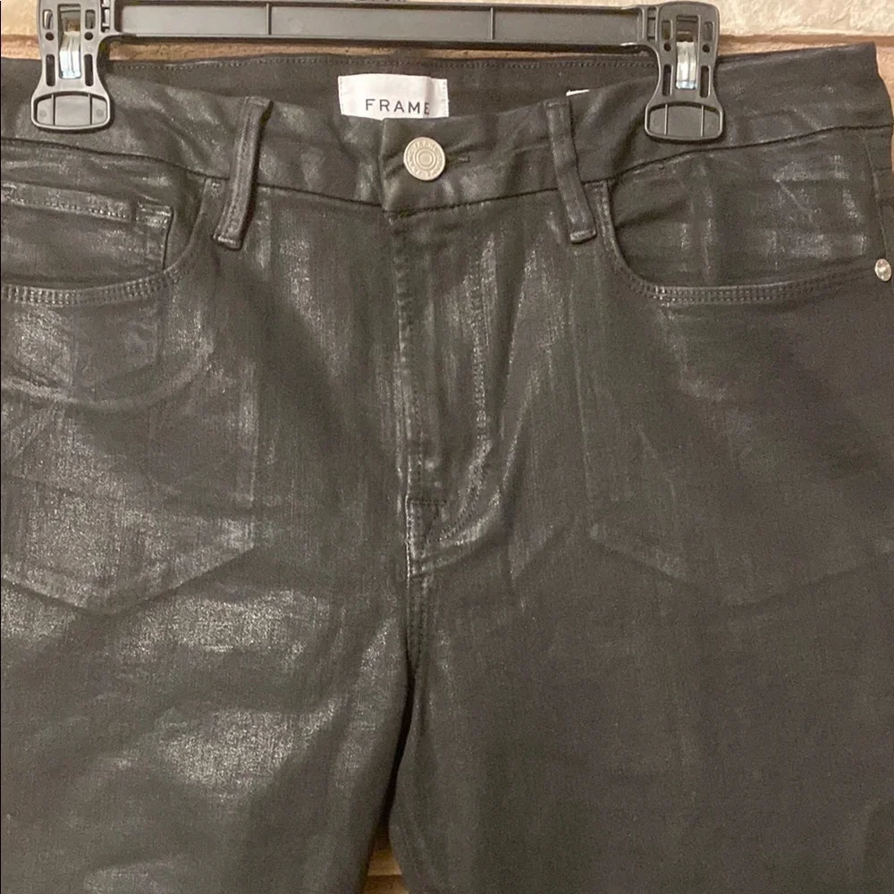 Frame Le Mini Boot in Noir Coated Black Bootcut Stretch Jeans 32 - Picture 5 of 15